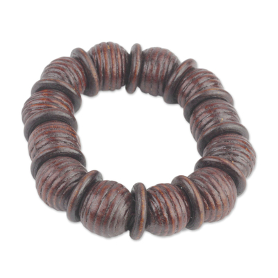 Dark Brown Sese Wood Beaded Stretch Bracelet from Ghana