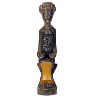 Wood sculpture, 'Regal Mother' - Hand Carved Sese Wood Regal Sitting Mother Sculpture