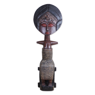 Wood sculpture, 'Only Mother' - Sese Wood Sitting Mother and Child African Sculpture