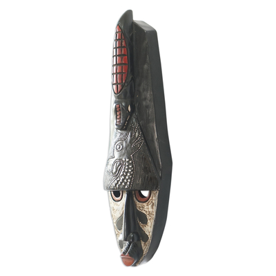 African wood mask, 'Watchful Crocodile' - Hand Carved African Sese Wood Crocodile and Giraffe Mask