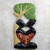 Wood relief panel, 'Embracing Lovers' - Hand Carved Sese Wood Wall Art Two Lovers Embracing