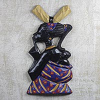 Wood relief panel, 'Hush-a-bye' - Hand Carved Sese Wood African Woman Wall Art Sculpture