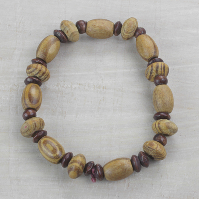 Wood beaded stretch bracelet, 'Happy Circles' - Circular Sese Wood Beaded Stretch Bracelet from Ghana