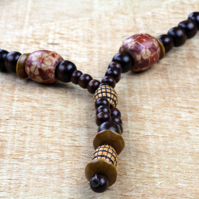 Sese wood and recycled plastic beaded Y necklace, 'Ghanaian Harmony' - Wood and Recycled Plastic Beaded Pendant Necklace from Ghana