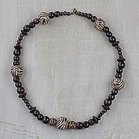 Wood beaded necklace, 'Zebra Queen' - Zebra Motif Sese Wood Beaded Necklace from Ghana
