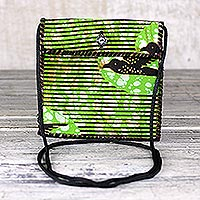 Cotton sling bag, 'Green Tag-Along' - Striped Cotton Shoulder Bag in Green from Ghana