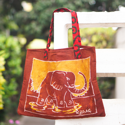 Einkaufstasche aus Batik-Baumwolle - Batik-Baumwoll-Elefant-Einkaufstasche aus Ghana