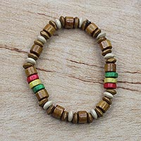 Wood beaded stretch bracelet, 'Cheer' - Natural and Multi-Color Wood Beaded Stretch Bracelet