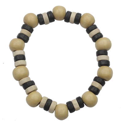 Black and Cream Wood Bead and Disc Stretch Bracelet