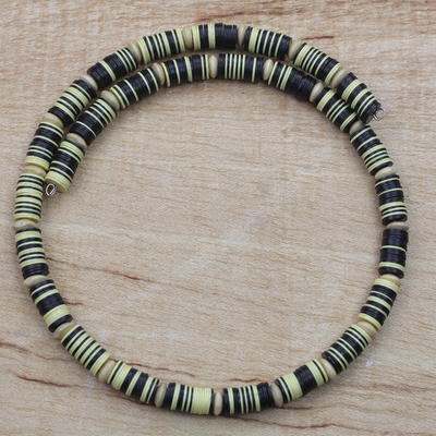 Recycled plastic beaded necklace, 'Savanna Shades' - Yellow and Black Recycled Plastic Disc Wrap Necklace