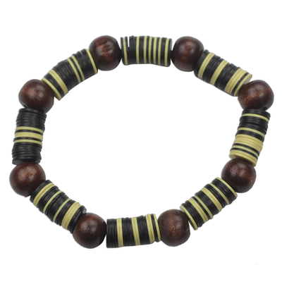Yellow Black Recycled Plastic Disc and Wood Bead Bracelet