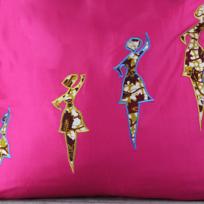 Cotton applique cushion cover, 'Cerise Dance' - Dance-Themed Cotton Cushion Cover in Cerise from Ghana