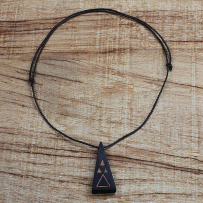 Wood pendant necklace, 'Five Pyramids' - Long Sese Wood Pendant Necklace Hand Crafted in Ghana