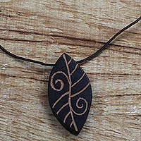 Wood pendant necklace, 'Afforestation' - Long Sese Wood Leaf Pendant Necklace Hand Crafted in Ghana