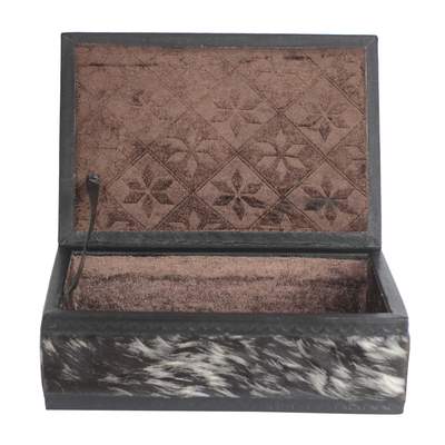 Leather and goatskin jewelry box, 'Anigye' - Handcrafted Black White Goatskin Fur Jewelry Box from Ghana
