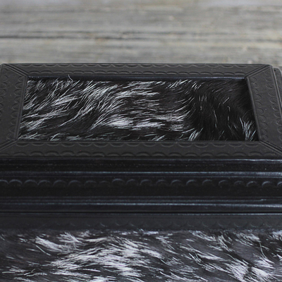 Leather and goatskin jewelry box, 'Anigye' - Handcrafted Black White Goatskin Fur Jewelry Box from Ghana