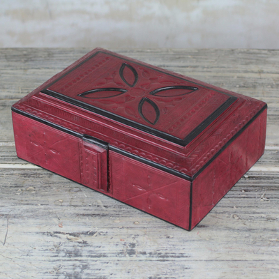 Leather jewelry box, 'Anigye Keeper' - Handmade Red Leather Jewelry Box with Suede Lining