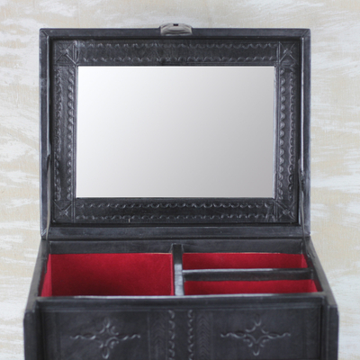 Leather jewelry chest, 'Handsome Ebony' - Handmade Ebony Black Tooled Jewelry Chest