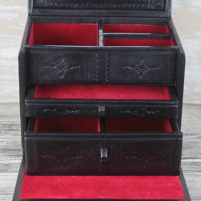 Leather jewelry chest, 'Handsome Ebony' - Handmade Ebony Black Tooled Jewelry Chest