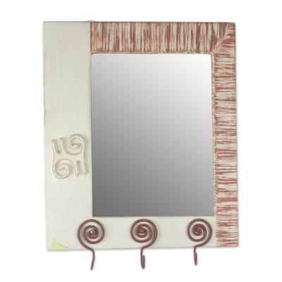 Espejo de pared de madera - Espejo de pared de madera con motivos Adinkra con tres ganchos para accesorios