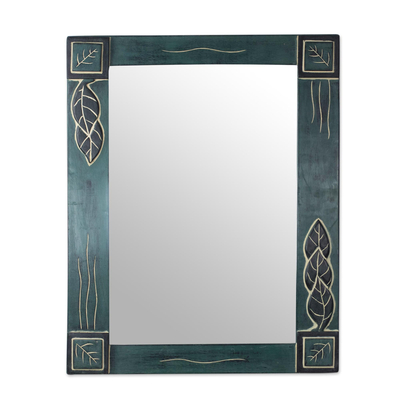 Espejo de pared de madera de cedro - Espejo de cristal rectangular con hojas de madera de cedro talladas a mano