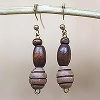 Wood and recycled plastic beaded dangle earrings, 'Cocoa Delight' - Wood and Recycled Plastic Beaded Dangle Earrings from Ghana