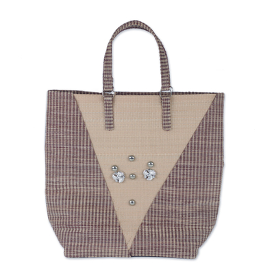 Recycled plastic tote handbag, 'Steel Adornment' - Steel Accented Beige and Brown Recycled Plastic Tote Handbag
