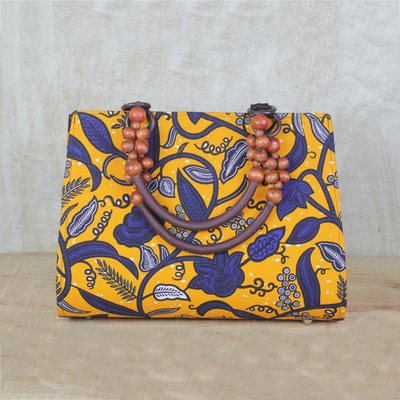 Cotton handle handbag, 'Floral Lady' - Yellow and Blue Floral Cotton Print Beaded Handle Handbag