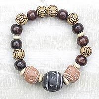 Ceramic and wood beaded stretch bracelet,