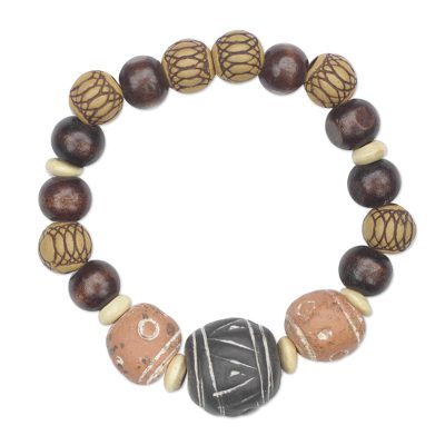Ceramic and wood beaded stretch bracelet,