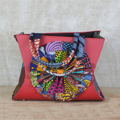 Handtasche mit Baumwollgriff - Mehrfarbige Handtasche mit Griff aus Kunstleder und bedrucktem Baumwollimitat