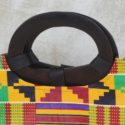 Cotton handle handbag, 'Festive Kente Spirit' - Multi-Colored Kente Cloth Handbag with Ebony Wood Handle