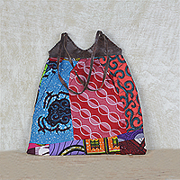 Leather accent cotton shoulder bag, 'Patchwork Dream' - Colorful Patchwork Cotton Shoulder Bag with Leather Straps