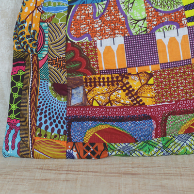 Bolso de mano con asa de algodón y detalle de piel - Bolso de mano de patchwork de algodón multicolor con detalles en cuero