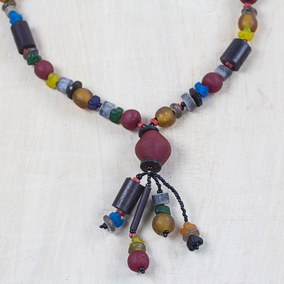 Recycled glass beaded pendant necklace, 'Recycled Medley' - Recycled Glass Beaded Pendant Necklace from Ghana