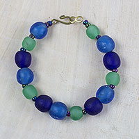 Recycled glass and plastic beaded bracelet, 'Blue Novelty' - Blue Recycled Glass and Plastic Beaded Bracelet from Ghana