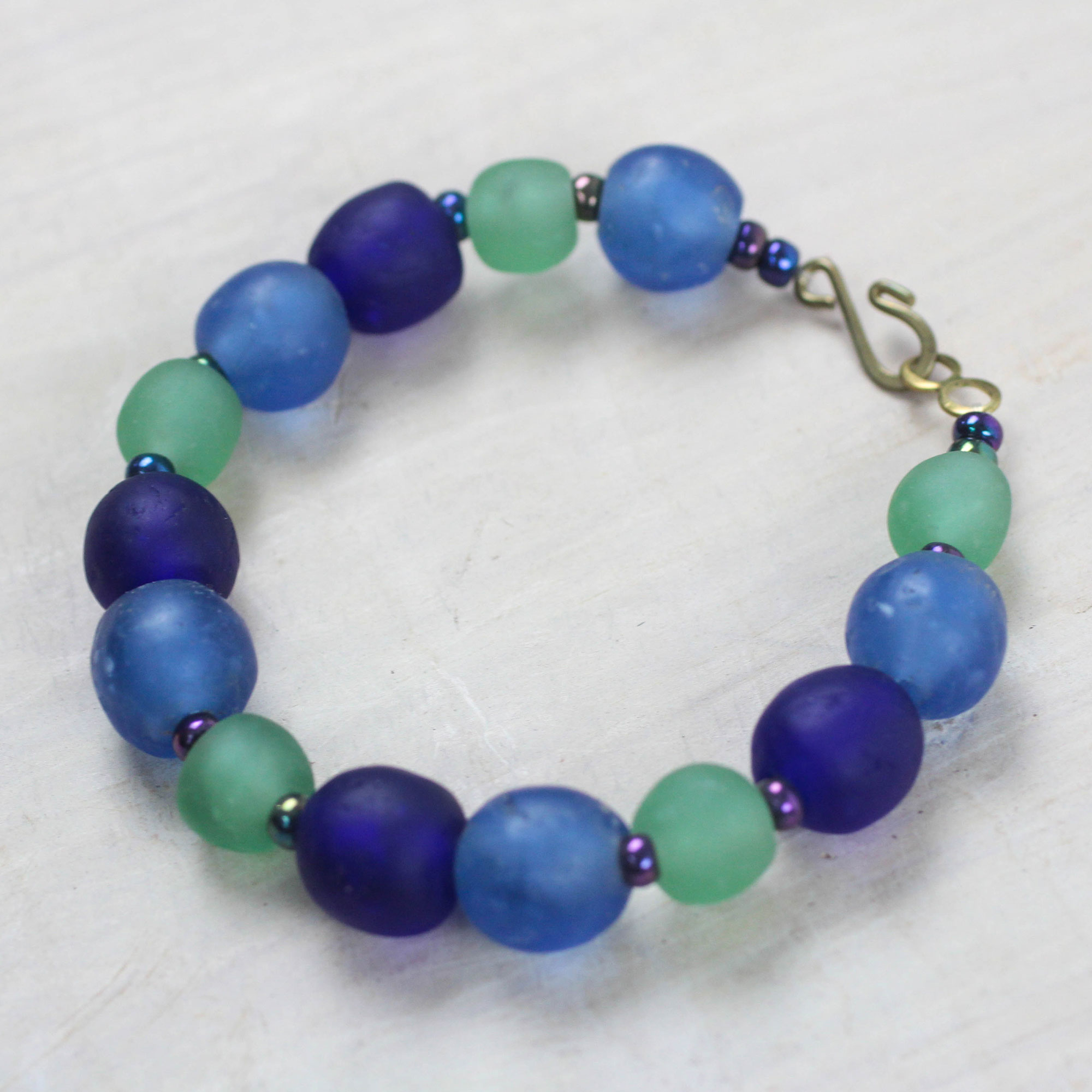 Blue Recycled Glass and Plastic Beaded Bracelet from Ghana - Blue ...