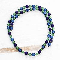 Glass beaded lariat necklace, 'Eco Ocean' - Blue and Green Recycled Glass Lariat Necklace from Ghana