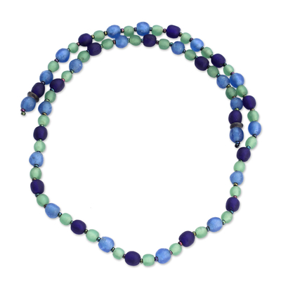 Blue and Green Recycled Glass Lariat Necklace from Ghana