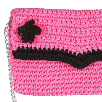 Crocheted shoulder bag or clutch, 'Flowering Carnation' - Crocheted Clutch in Carnation from Ghana