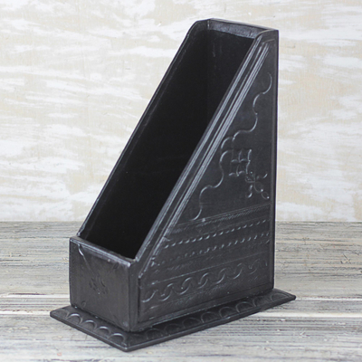 Leather book stand, 'Literary Sophistication' - Handmade Black Leather Book Stand from Ghana
