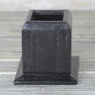 Leather pencil holder, 'Sophisticated Writer' - Handmade Black Leather Pencil Holder from Ghana