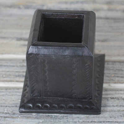 Leather pencil holder, 'Sophisticated Writer' - Handmade Black Leather Pencil Holder from Ghana