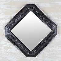 Handmade Diamond-Shaped Leather Wall Mirror from Ghana,'Regal Beauty'
