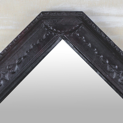 Leather wall mirror, 'Regal Beauty' - Handmade Diamond-Shaped Leather Wall Mirror from Ghana