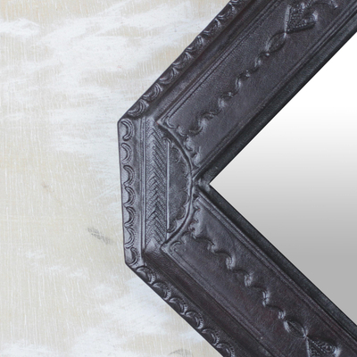 Leather wall mirror, 'Regal Beauty' - Handmade Diamond-Shaped Leather Wall Mirror from Ghana