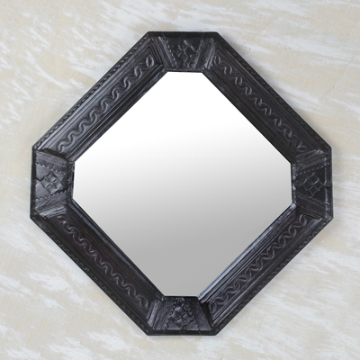 Leather wall mirror, 'Elegant Reflection' - Handcrafted Embossed Leather Wall Mirror from Ghana