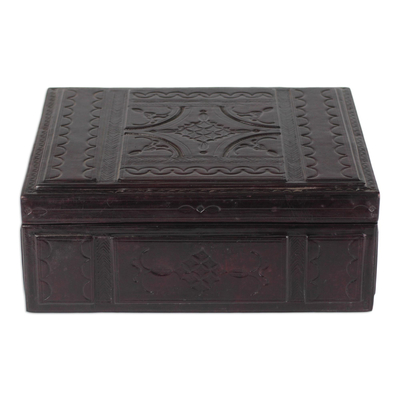 Leather jewelry box, 'Beautiful Takbat' - Embossed Leather Jewelry Box Handcrafted in Ghana