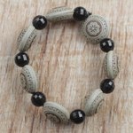 Wood and recycled plastic beaded stretch bracelet, 'Favorite Flowers' - Floral Sese Wood and Plastic Beaded Stretch Bracelet