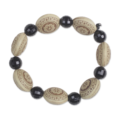 Floral Sese Wood and Plastic Beaded Stretch Bracelet